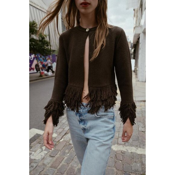ZARA FRINGED KNIT CARDIGAN WITH BUTTON - Picture 3 of 9